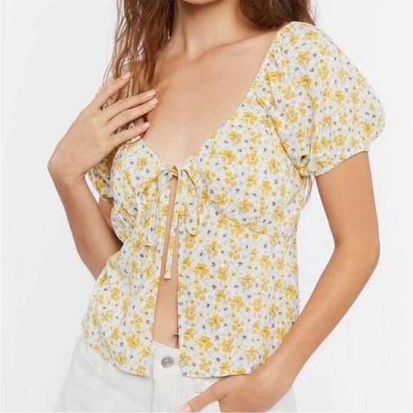 Forever 21 open tie Floral Puff Sleeve Top - Picture 1 of 12